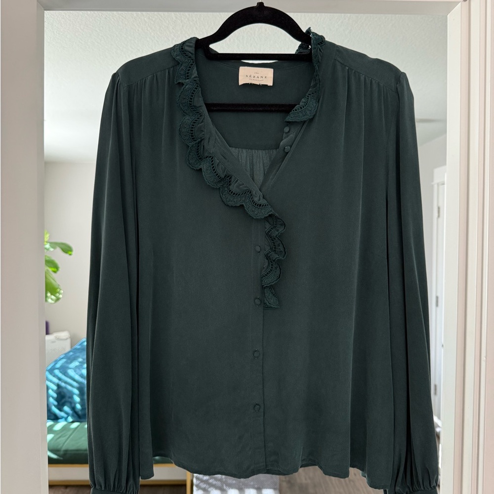 Sézane Chloé Bottle Green 100% Silk Blouse